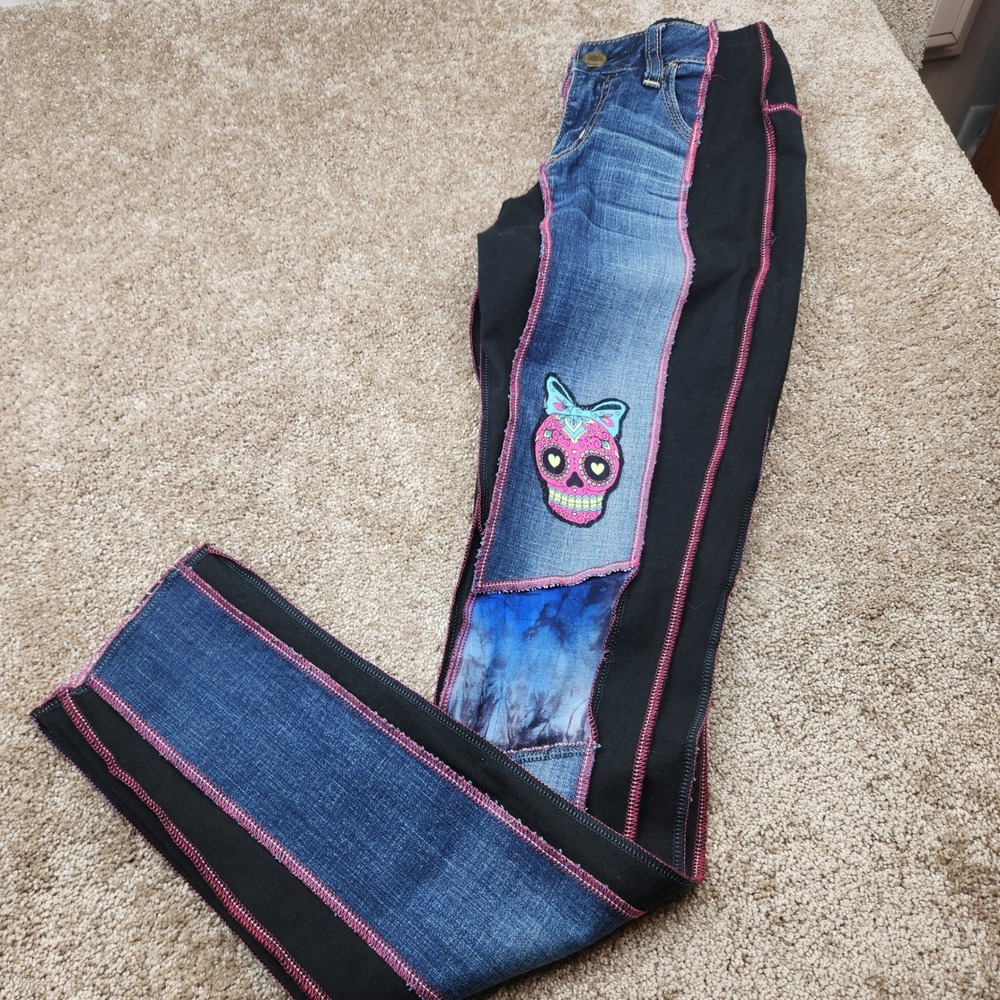 Styles Ever After Upcycled Patchwork Denim Leggings Sugar Skull Pink Stitch XS